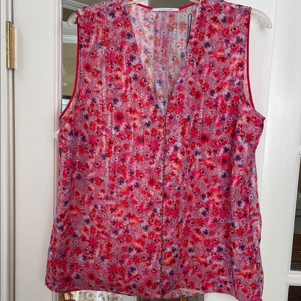 Tahari Pink and Purple Floral V-Neck Sleeveless Blouse
